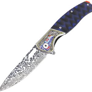 Linerlock Damascus Micarta Blu