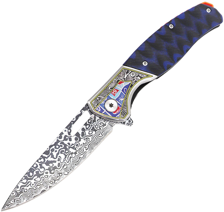 Linerlock Damascus Micarta Blu