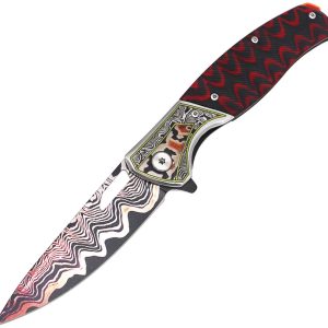 Linerlock Damascus Micarta Red